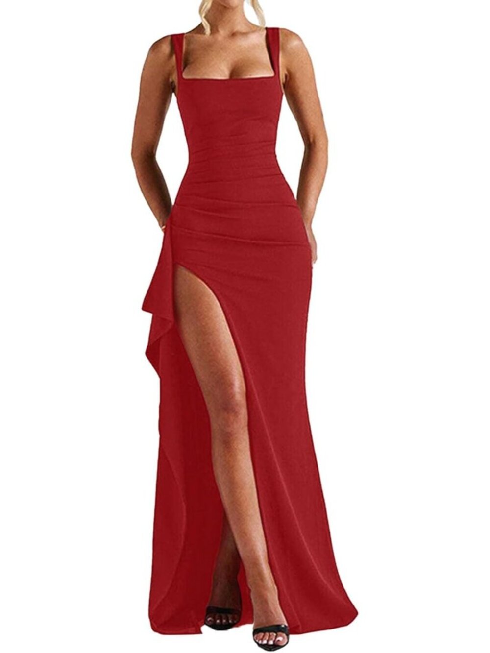 Women's Red Sleeveless Bodycon Ruched High Slit Formal Cocktail Maxi Dress